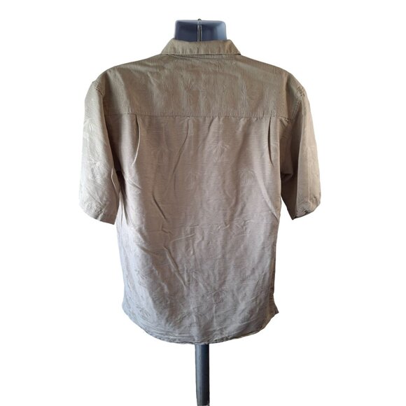 Vintage Utopia Mens Button Up Shirt Beige M  Silk Palm Tree Beach Island Resort - Picture 2 of 6